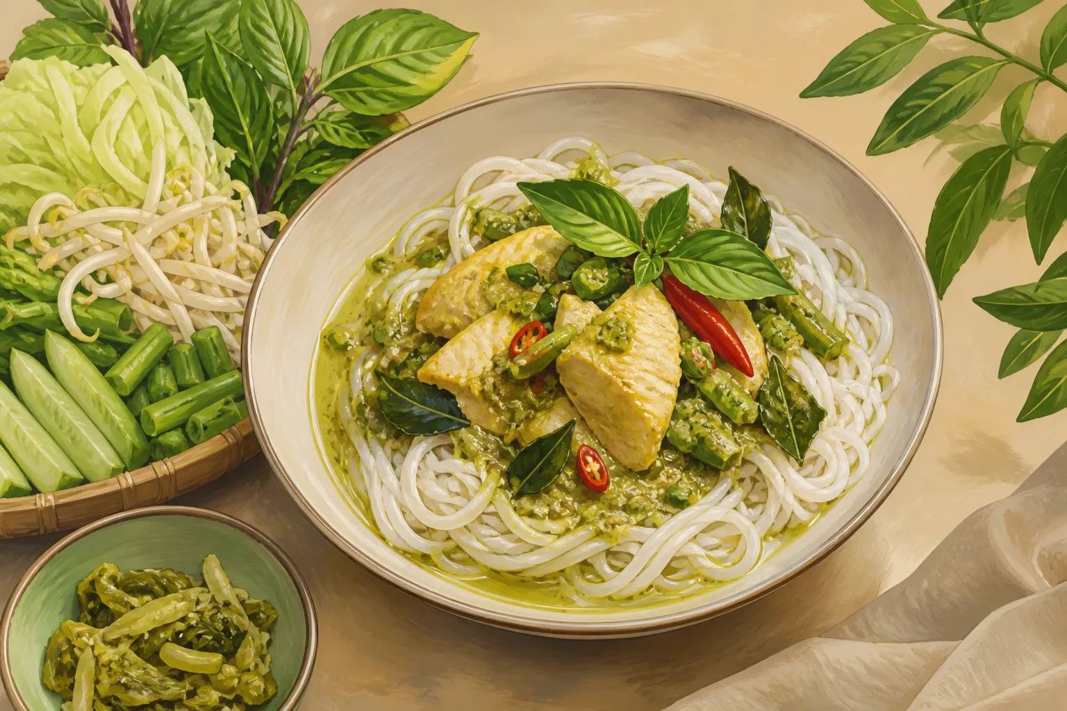 Editorial illustration of Num banh chok.