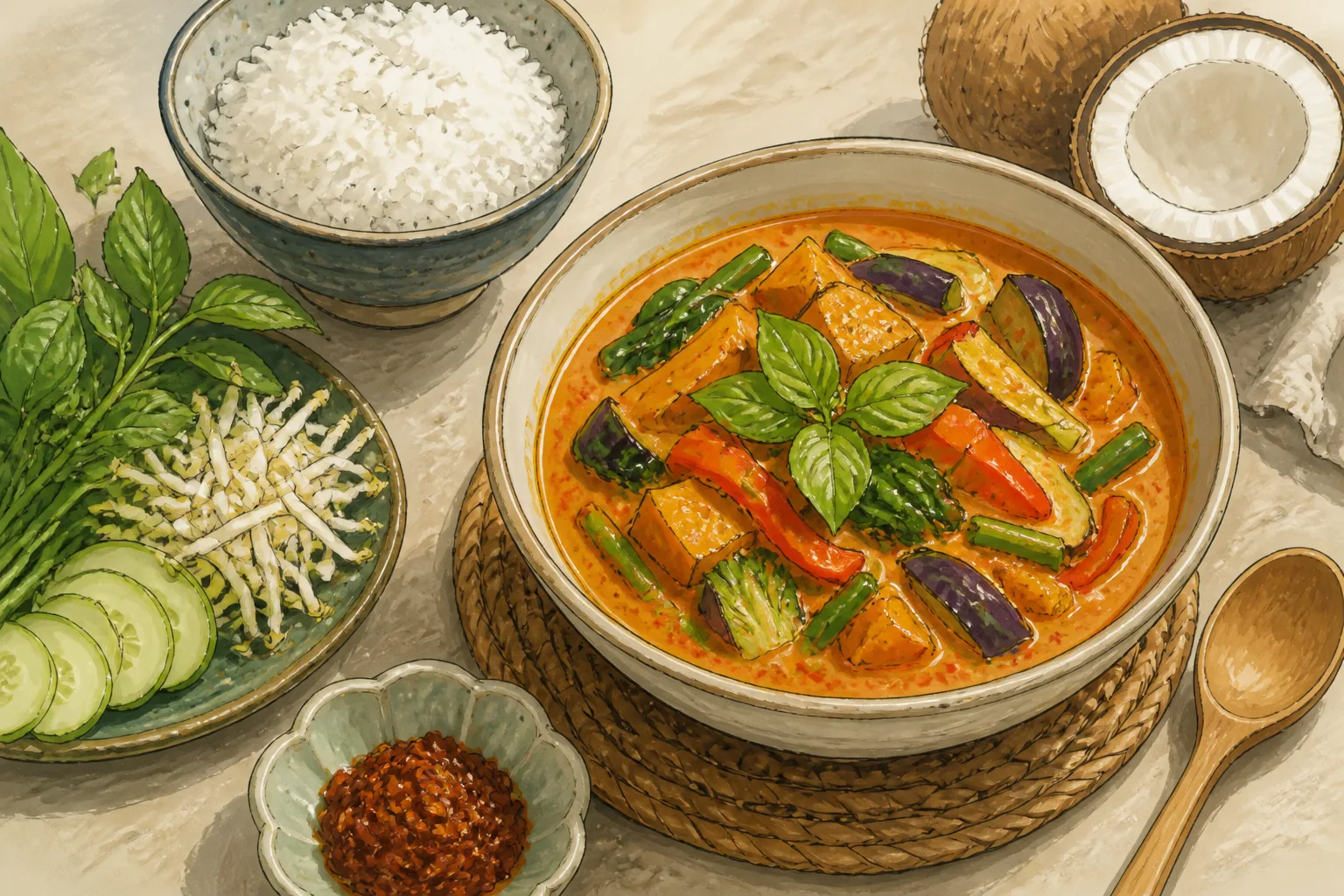 Editorial illustration of Khmer red curry.